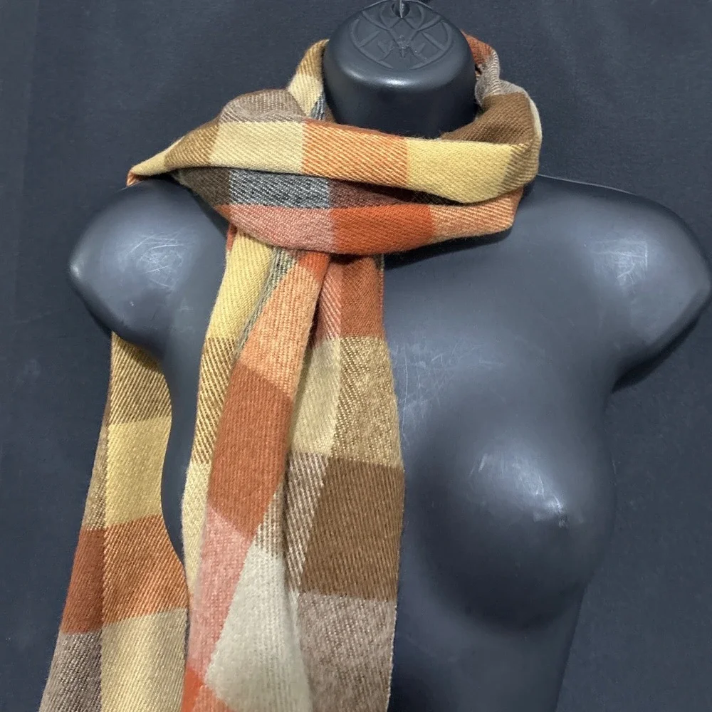 Jeffrey Banks Scarf Mens Chocolate Brown Orange Plaid Fringed Granola‎ Gorpcore